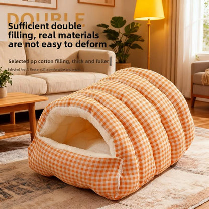 Pet Bed Christmas Theme Color Warm Winter Plaid Cat Bed - Thick Foldable Semi-Enclosed Cat Sleep Bag with Soft Skin-Friendly Velvet Lining, Portable Design