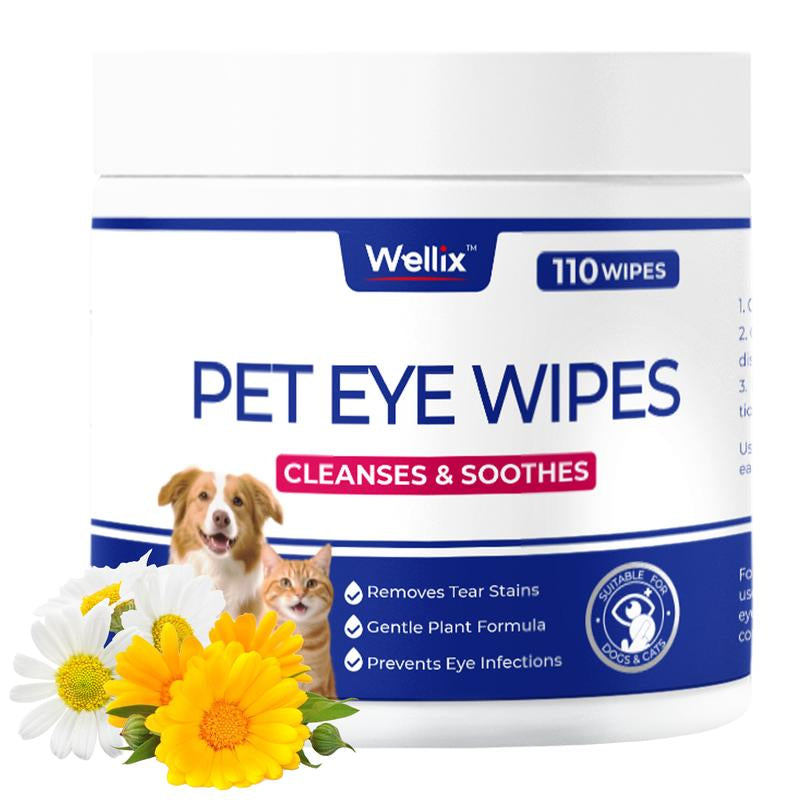 Wellix 110-Count Pet Eye Wipes - Gently Reduce Tear Stain, Debris, Discharge, Crust for Dogs & Cats