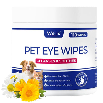Wellix 110-Count Pet Eye Wipes - Gently Reduce Tear Stain, Debris, Discharge, Crust for Dogs & Cats