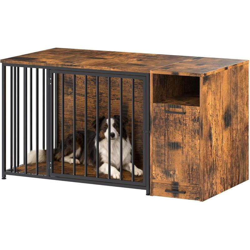 AECOJOY Dog Crate Furniture,Storage Cabinet, 36/42 Inch Wooden & Steel Rustic Brown Kennel for Large & Medium Dogs Escape-Proof Chew-Proof Adjustable Feet End Table