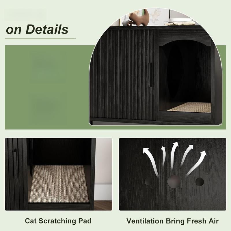 Fluted Hidden Cat Litter Box Enclosure – Modern Wood Furniture with Scratching Pad, Large Indoor Cat House Cabinet Side/End Table for Living Room & Entryway