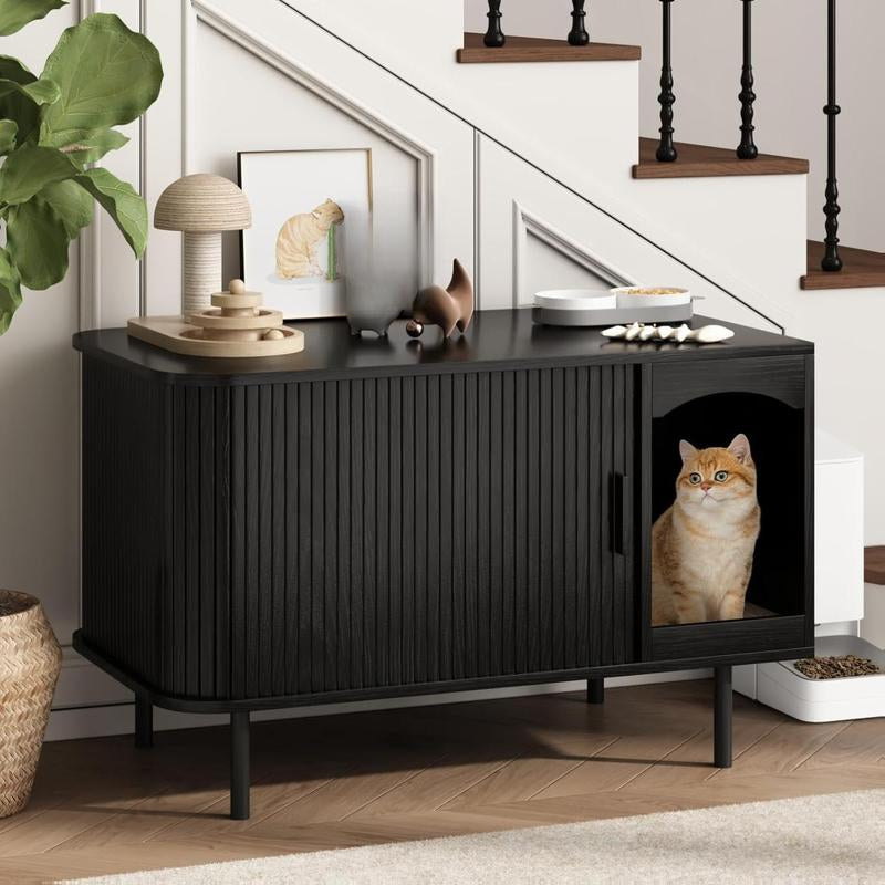 Fluted Hidden Cat Litter Box Enclosure – Modern Wood Furniture with Scratching Pad, Large Indoor Cat House Cabinet Side/End Table for Living Room & Entryway