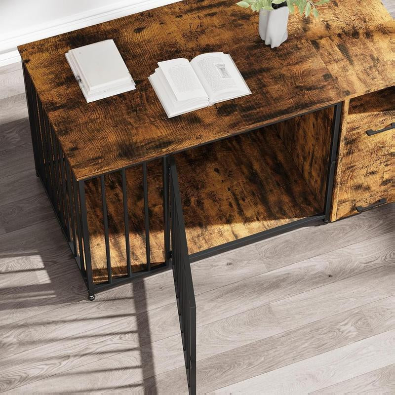 AECOJOY Dog Crate Furniture,Storage Cabinet, 36/42 Inch Wooden & Steel Rustic Brown Kennel for Large & Medium Dogs Escape-Proof Chew-Proof Adjustable Feet End Table