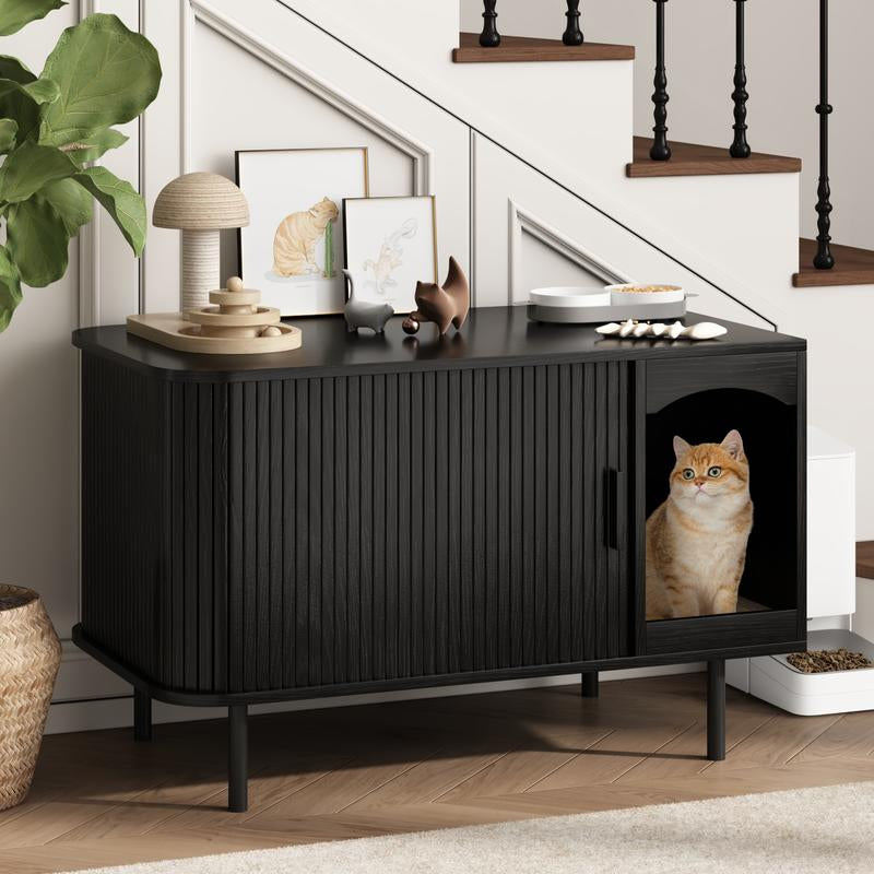 Fluted Hidden Cat Litter Box Enclosure – Modern Wood Furniture with Scratching Pad, Large Indoor Cat House Cabinet Side/End Table for Living Room & Entryway