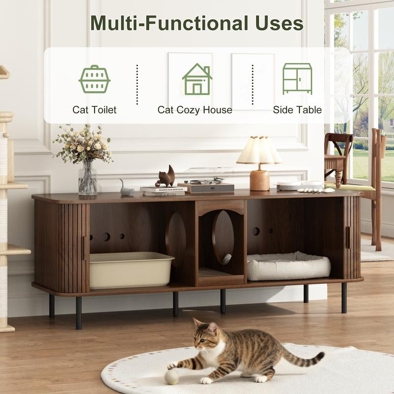 Fluted Hidden Cat Litter Box Enclosure – Modern Wood Furniture with Scratching Pad, Large Indoor Cat House Cabinet Side/End Table for Living Room & Entryway
