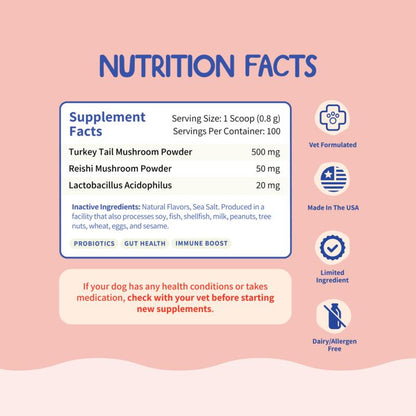 Fifth & Fido Turkey Tail+ - Dog Food Topper with Probiotics for Lipomas, Immune Support & Gut Health - 100 Servings - Bacon Flavor - Natural Allergy Relief - Supplements