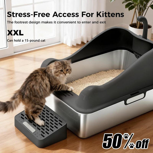 【Christmas Gifts】Extra Large Stainless Steel Cat Litter Box with Lid for Big Cats | XL Enclosed Metal Pan with High Sidewalls & Removable Cover | Leak-Proof, Non-Stick, Easy-Clean