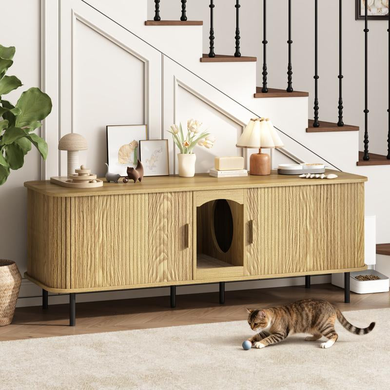 Fluted Hidden Cat Litter Box Enclosure – Modern Wood Furniture with Scratching Pad, Large Indoor Cat House Cabinet Side/End Table for Living Room & Entryway