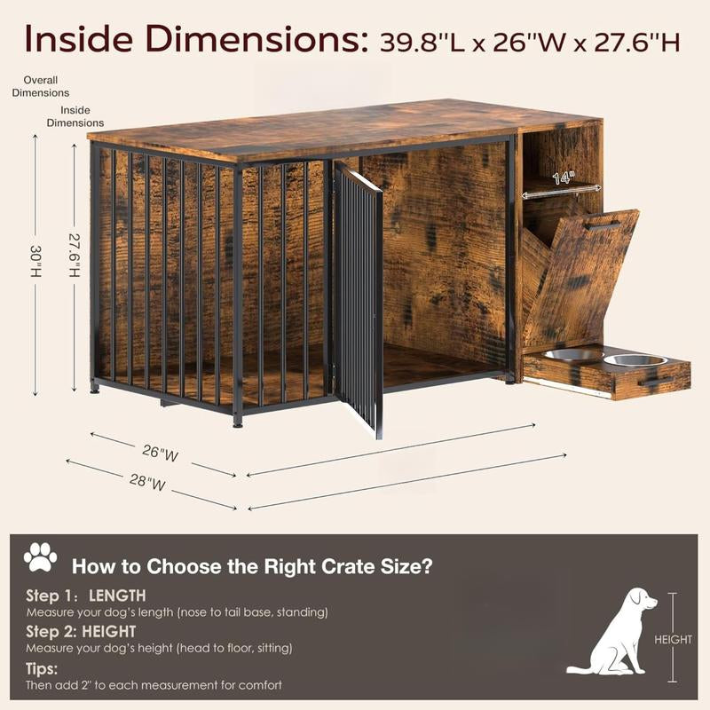 AECOJOY Dog Crate Furniture,Storage Cabinet, 36/42 Inch Wooden & Steel Rustic Brown Kennel for Large & Medium Dogs Escape-Proof Chew-Proof Adjustable Feet End Table