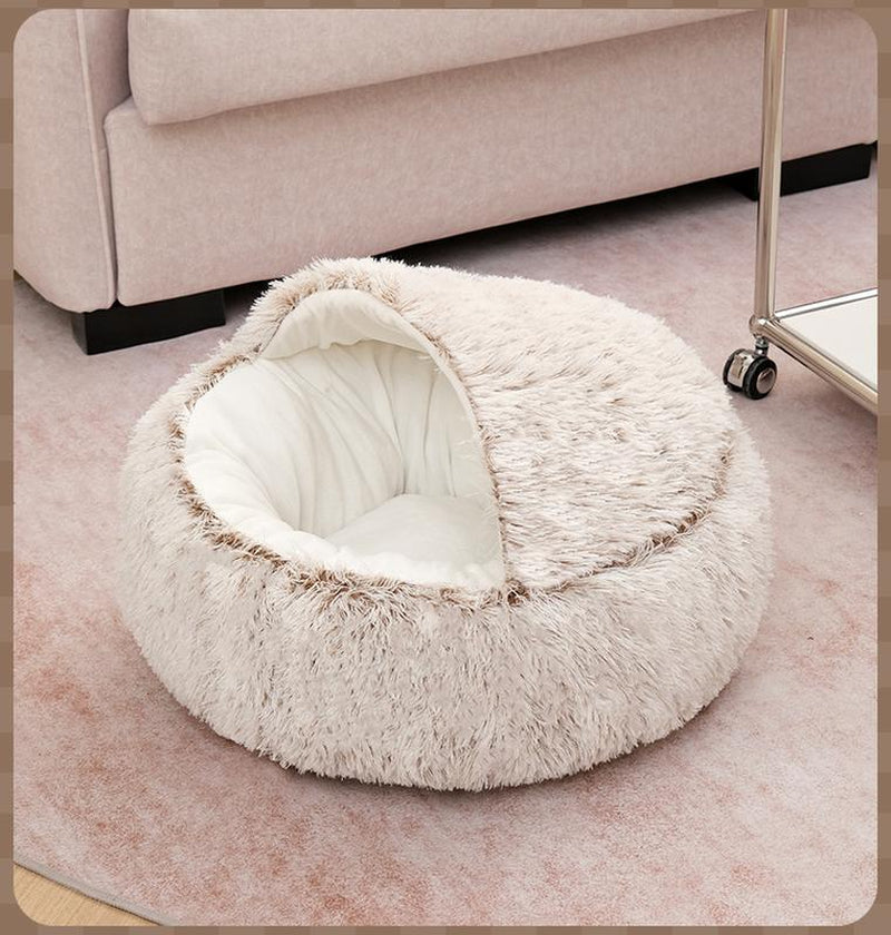 Cat Bed round Plush Fluffy Hooded Cat Bed Cave, Cozy for Indoor Cats or Small Dog Beds, Soothing Pet Beds Doughnut Calm Anti-Nxiety Dog Bed - Waterproof Bottom Washable, 20Inches Soft 2-In-1 Covered Cat Bed Cushion