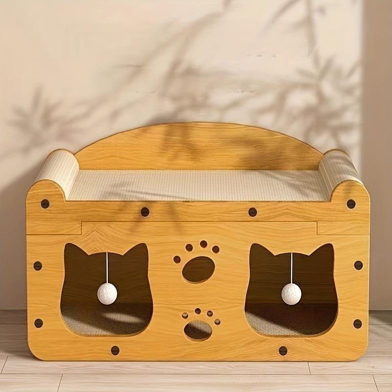 2 in 1 House & Scratch Board, 1 Set Wooden Bed with Scratcher, Durable Double Layer Bed, Pet Furniture for Indoor Spacious Cool Cat Stuff Cozy Cat Bed Cat Scratcher Indoor Cat Accessories Cat Toys Cat Accessories