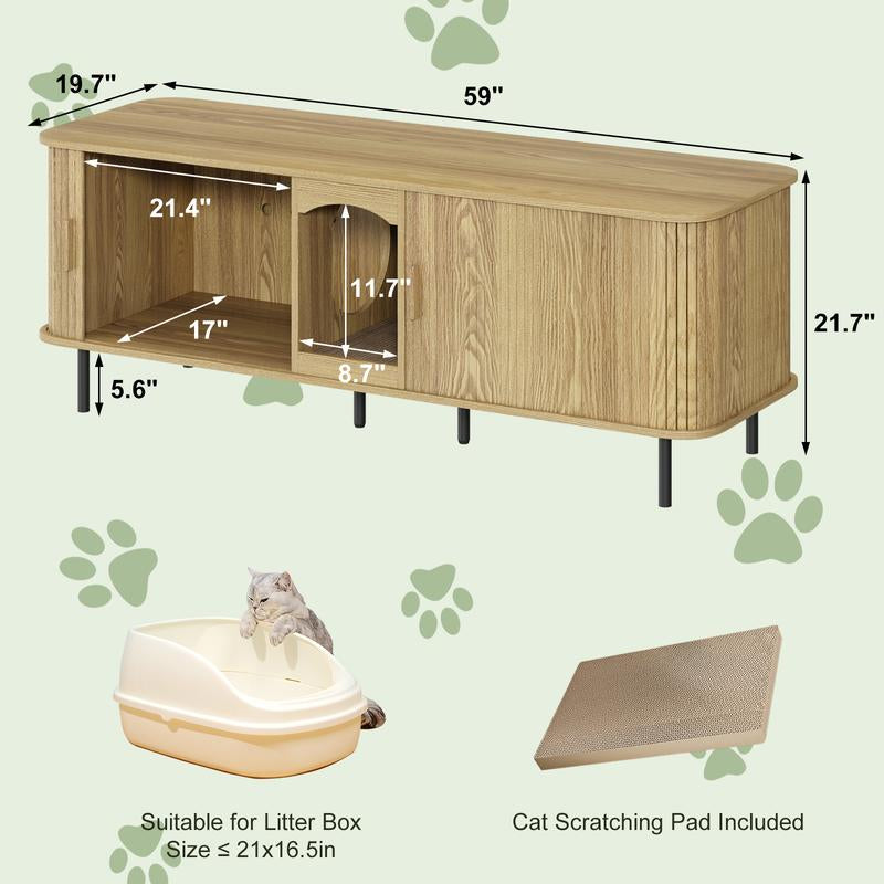 Fluted Hidden Cat Litter Box Enclosure – Modern Wood Furniture with Scratching Pad, Large Indoor Cat House Cabinet Side/End Table for Living Room & Entryway