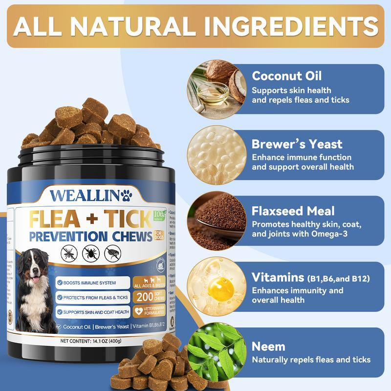 【SALE】WEALLIN Flea & Tick Prevention Chews for Dogs – Natural Formula with Coconut Oil & Flaxseed – 120 Soft Chews – Daily Support for All Breeds & Sizes – Gentle Vet-Formulated – Free Gift Included - Animal Safe