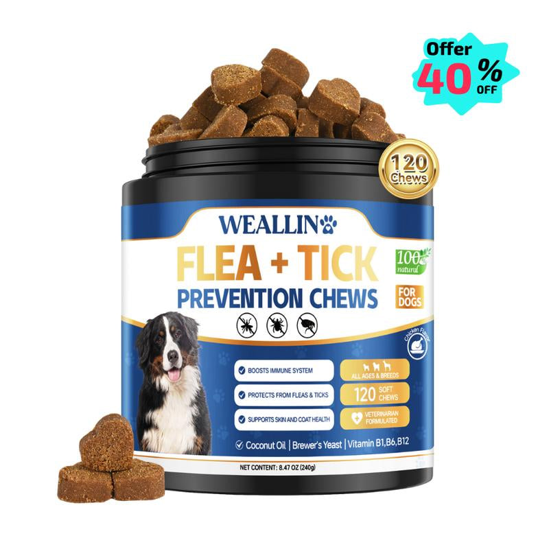 【SALE】WEALLIN Flea & Tick Prevention Chews for Dogs – Natural Formula with Coconut Oil & Flaxseed – 120 Soft Chews – Daily Support for All Breeds & Sizes – Gentle Vet-Formulated – Free Gift Included - Animal Safe