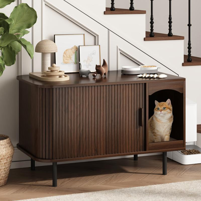 Fluted Hidden Cat Litter Box Enclosure – Modern Wood Furniture with Scratching Pad, Large Indoor Cat House Cabinet Side/End Table for Living Room & Entryway