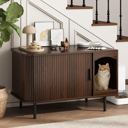 Fluted Hidden Cat Litter Box Enclosure – Modern Wood Furniture with Scratching Pad, Large Indoor Cat House Cabinet Side/End Table for Living Room & Entryway