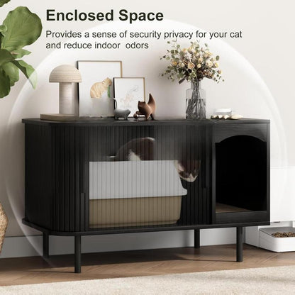 Fluted Hidden Cat Litter Box Enclosure – Modern Wood Furniture with Scratching Pad, Large Indoor Cat House Cabinet Side/End Table for Living Room & Entryway