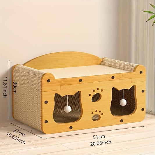 2 in 1 House & Scratch Board, 1 Set Wooden Bed with Scratcher, Durable Double Layer Bed, Pet Furniture for Indoor Spacious Cool Cat Stuff Cozy Cat Bed Cat Scratcher Indoor Cat Accessories Cat Toys Cat Accessories