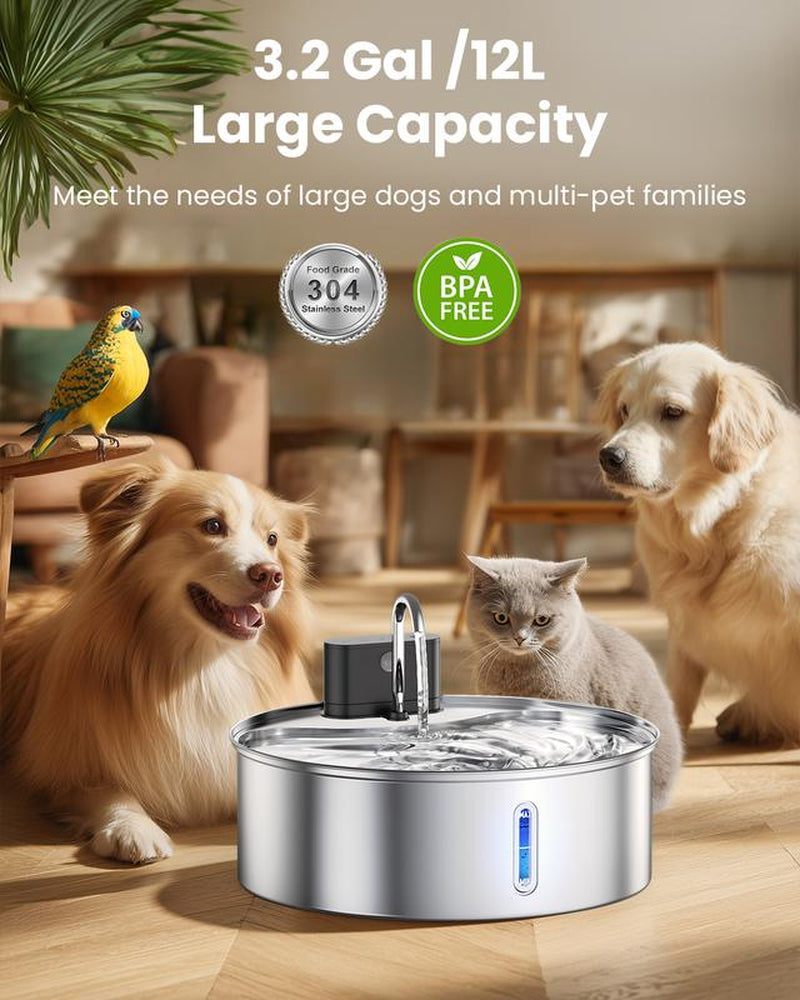 【Cityflee】 12L Wireless Dog Water Fountain for Large Dogs or Multiple Cats: 304 Stainless Steel Bowl - 3.2Gal/406Oz Super Quiet with Visual Water Level - Great for Multi-Pet Home, Rechargeable Large Capacity
