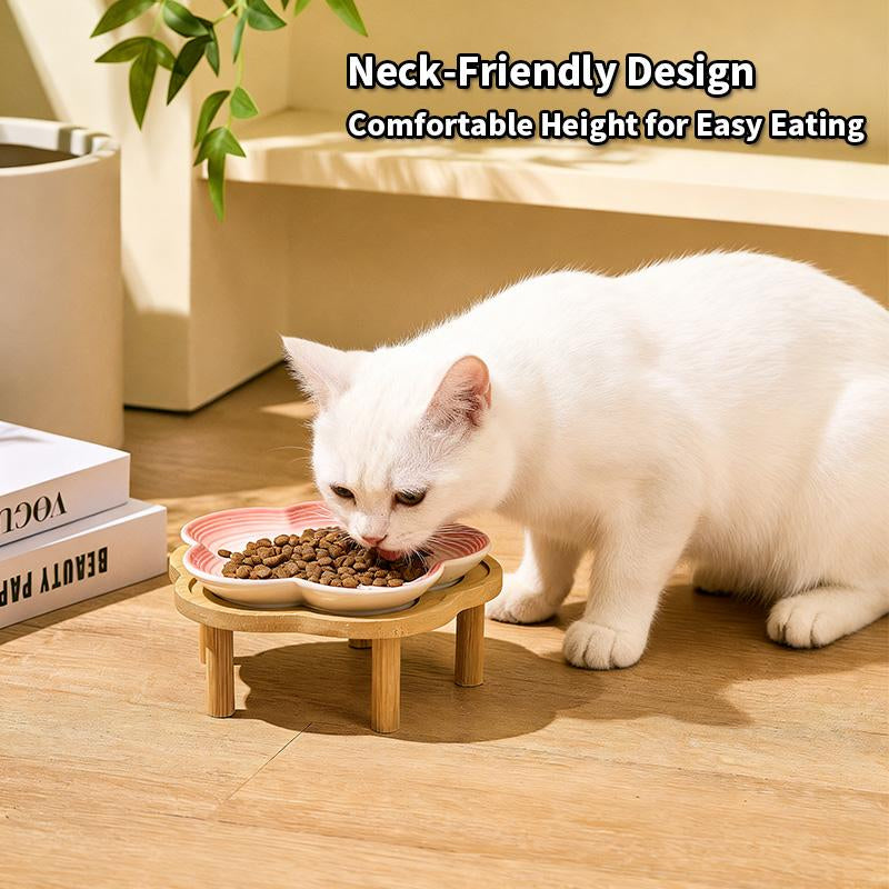 Shallow Elevated Cat Bowl, 6.6 Inch Wide Raised Ceramic Cat Dish with Bamboo Stand, Whisker Friendly Pet Water or Food Plate Feeding Station for Indoor Cats, Kittens