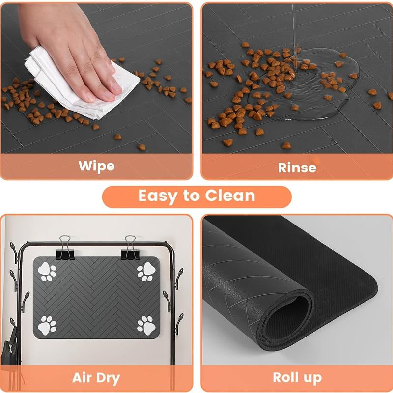 Quick Drying Absorbent Pet Feeding Mat for Dogs and Cats, Non-Slip Rubber Bottom, Dark Polyester Surface for Indoor Use