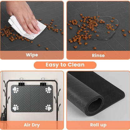 Quick Drying Absorbent Pet Feeding Mat for Dogs and Cats, Non-Slip Rubber Bottom, Dark Polyester Surface for Indoor Use