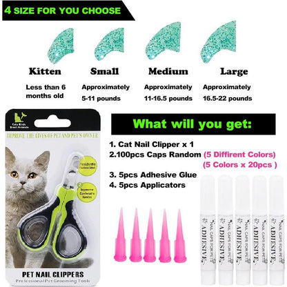 100Pcs Large Cat Nail Caps : Complete Set with Clipper, Adhesive & Applicators (5 Colors)