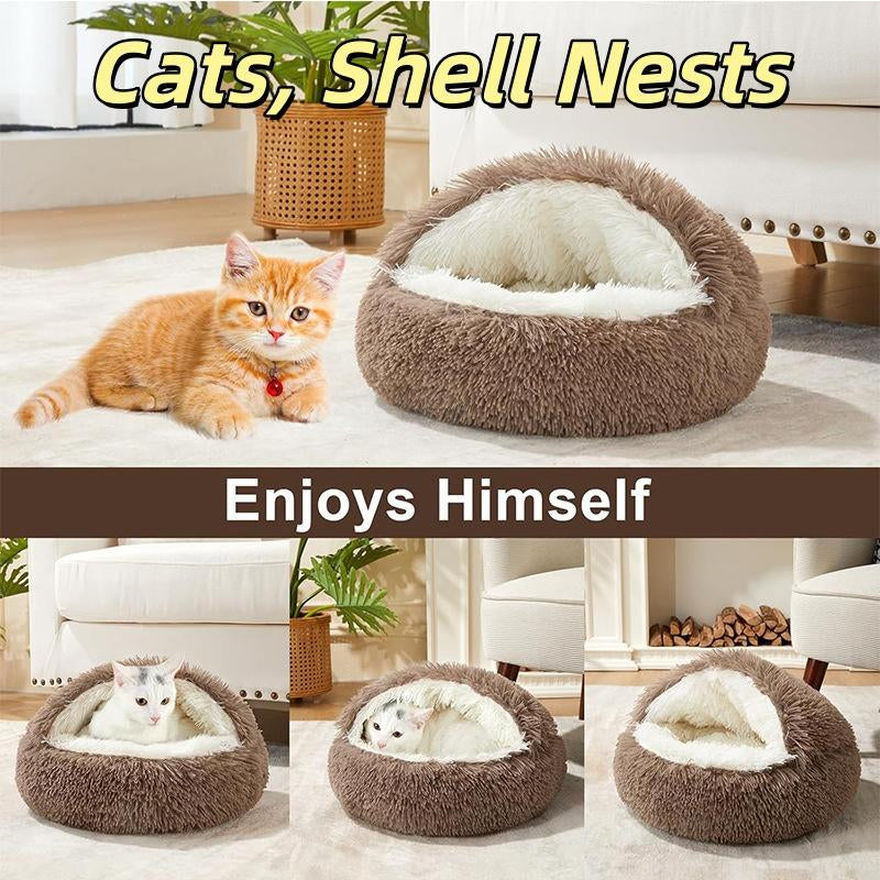 Pet Shell Nest Cat Bed Winter Warm Half-Enclosed Pet Nest Dog Bed Shaped Beds Long Plush Pet Bed, Cozy and Comfortable Pet Sleeping Mat