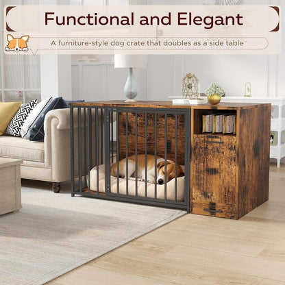 AECOJOY Dog Crate Furniture,Storage Cabinet, 36/42 Inch Wooden & Steel Rustic Brown Kennel for Large & Medium Dogs Escape-Proof Chew-Proof Adjustable Feet End Table
