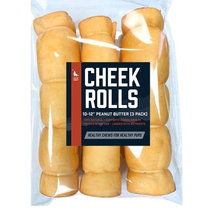 9-12” Peanut Butter Collagen Cheek Rolls (3 Pack) 100% Natural and Extra-Thick - Single-Ingredient - Long-Lasting for Big Dogs and Aggressive Chewers