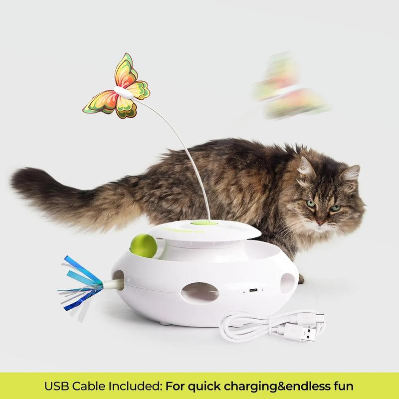 All for Paws Motion Activated Cat Toy 3-In-1 Spinning Butterfly Rolling Ball & Shooting Ribbon Interactive Kitten Play Fun Upgrade Rechargeable Safe Material
