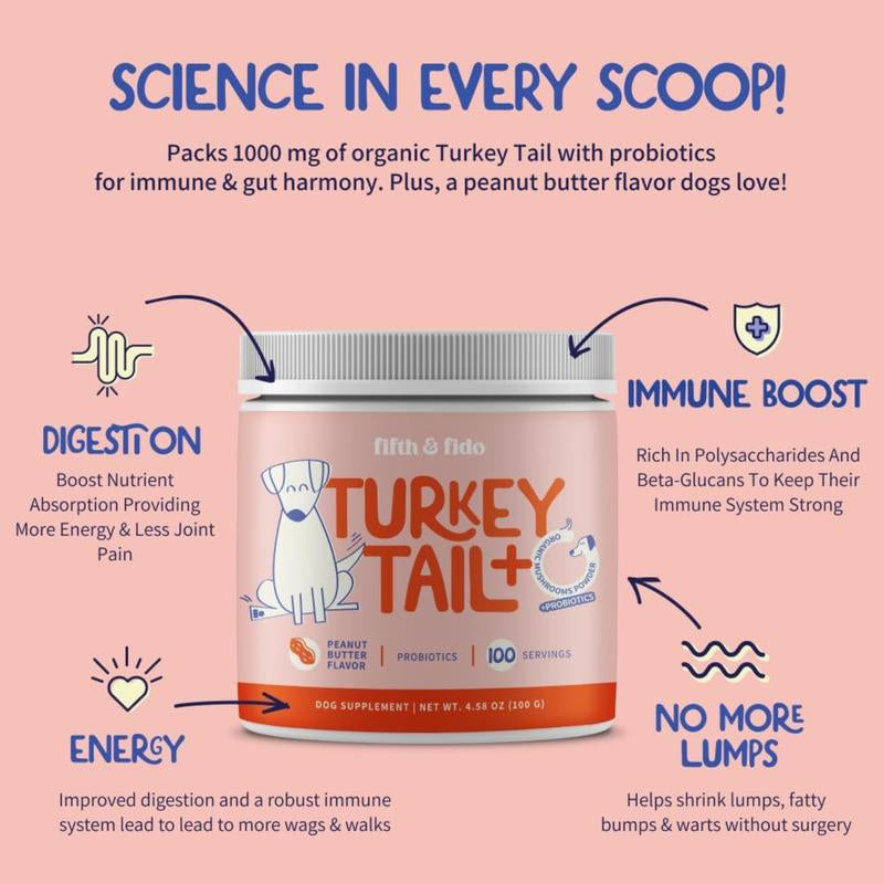 Fifth & Fido Turkey Tail+ - Dog Food Topper with Probiotics for Lipomas, Immune Support & Gut Health - 100 Servings - Bacon Flavor - Natural Allergy Relief - Supplements