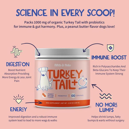 Fifth & Fido Turkey Tail+ - Dog Food Topper with Probiotics for Lipomas, Immune Support & Gut Health - 100 Servings - Bacon Flavor - Natural Allergy Relief - Supplements