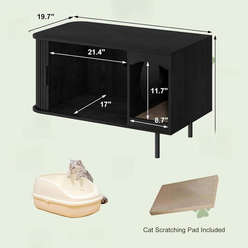 Fluted Hidden Cat Litter Box Enclosure – Modern Wood Furniture with Scratching Pad, Large Indoor Cat House Cabinet Side/End Table for Living Room & Entryway