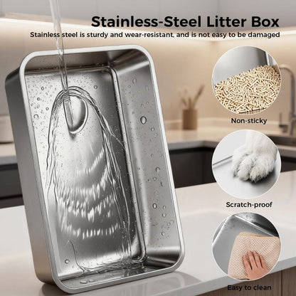 【Christmas Gifts】Extra Large Stainless Steel Cat Litter Box with Lid for Big Cats | XL Enclosed Metal Pan with High Sidewalls & Removable Cover | Leak-Proof, Non-Stick, Easy-Clean