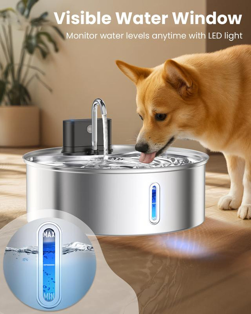 【Cityflee】 12L Wireless Dog Water Fountain for Large Dogs or Multiple Cats: 304 Stainless Steel Bowl - 3.2Gal/406Oz Super Quiet with Visual Water Level - Great for Multi-Pet Home, Rechargeable Large Capacity