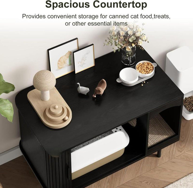 Fluted Hidden Cat Litter Box Enclosure – Modern Wood Furniture with Scratching Pad, Large Indoor Cat House Cabinet Side/End Table for Living Room & Entryway