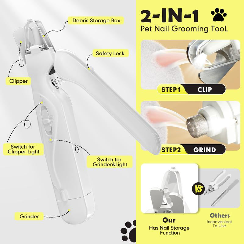 Meonlala 2-In-1 Pet Nail Clipper and Grinder with LED Light Ultra-Quiet Electric Trimmer Rechargeable for Dogs & Cats of All Sizes