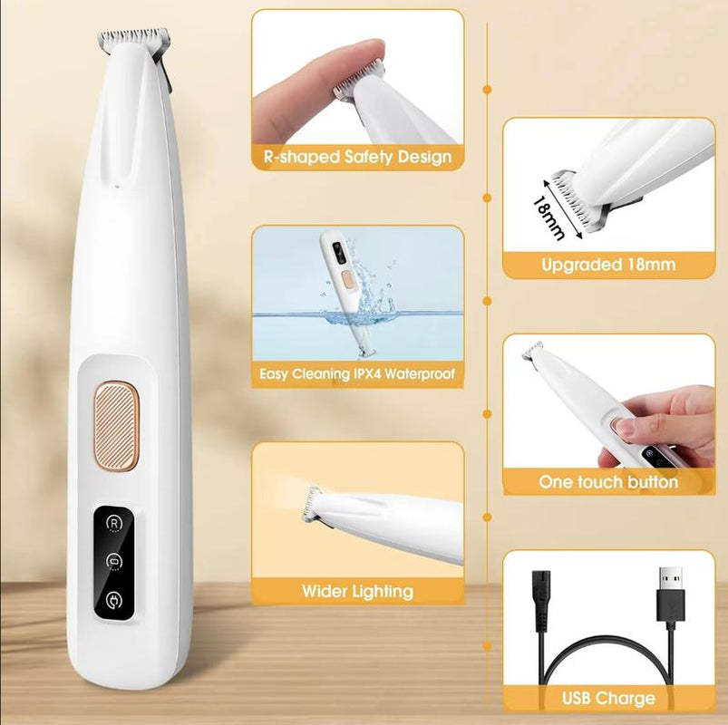 Pet Trimmer for Dogs and Cats Waterproof Shaver with LED Light 18Mm Widen Blade Multifunctional Clippers for Paws Eyes Ears Face Rump USB Rechargeable Grooming Accessories