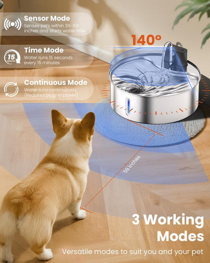 【Cityflee】 12L Wireless Dog Water Fountain for Large Dogs or Multiple Cats: 304 Stainless Steel Bowl - 3.2Gal/406Oz Super Quiet with Visual Water Level - Great for Multi-Pet Home, Rechargeable Large Capacity
