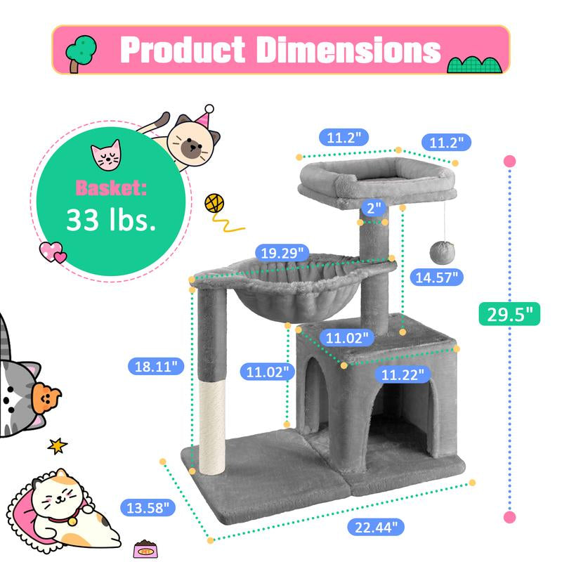 MUTICOR 29 Inches Cat Tree with Dual Pom-Pom Ears Small Blue Grey Beige Pink Cozy Condo for Cats with Play Area