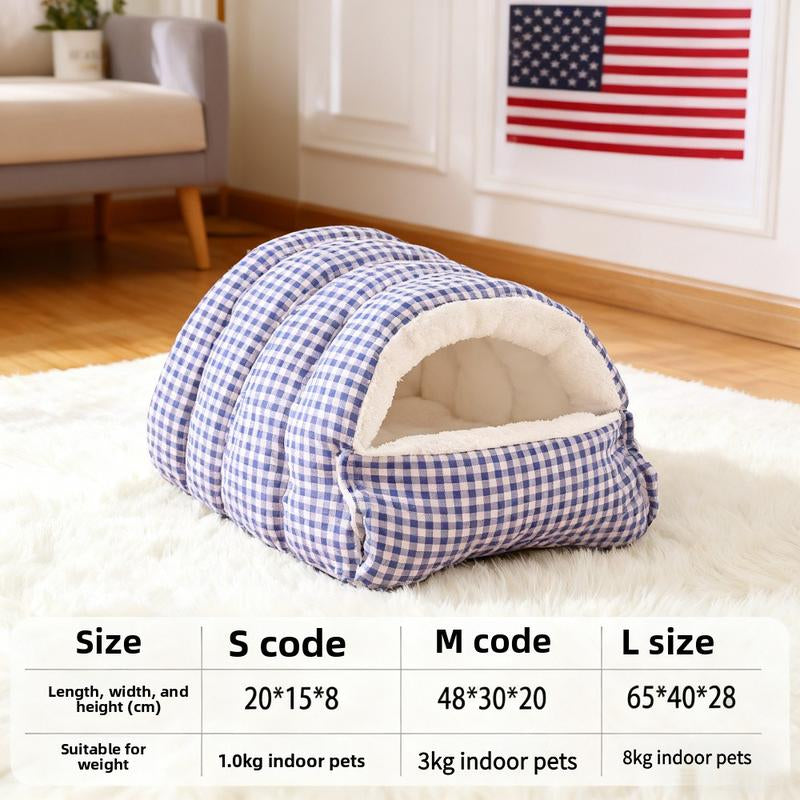 Pet Bed Christmas Theme Color Warm Winter Plaid Cat Bed - Thick Foldable Semi-Enclosed Cat Sleep Bag with Soft Skin-Friendly Velvet Lining, Portable Design
