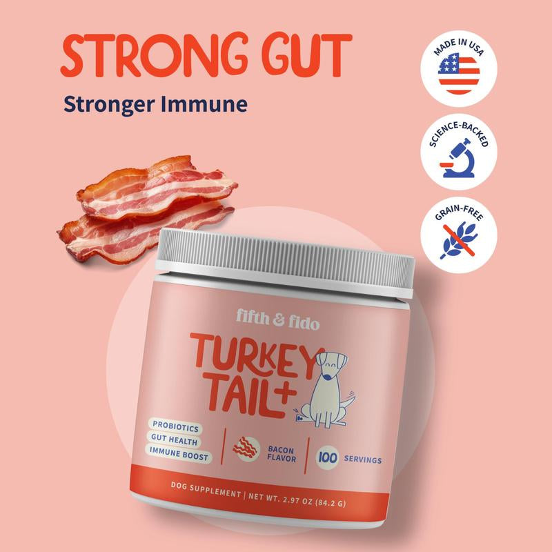 Fifth & Fido Turkey Tail+ - Dog Food Topper with Probiotics for Lipomas, Immune Support & Gut Health - 100 Servings - Bacon Flavor - Natural Allergy Relief - Supplements